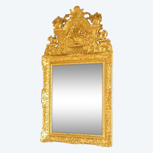 Miroir Régence Fronton Bois Sculpté Doré Oiseaux Panier Fleurs Glace XVIIIè