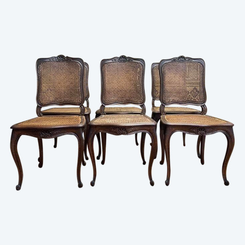 Set aus 6 Rohrgeflechtstühlen im Louis-XV-Stil aus Eiche