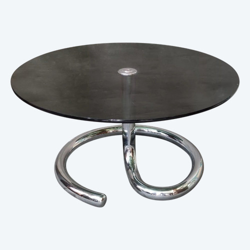 Anaconda Style Round Coffee Table Paul Tuttle Design 1970s Smoked Glass Chrome