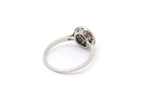 Art Deco emerald target ring in platinum and 18k white gold, target ring, circular ring