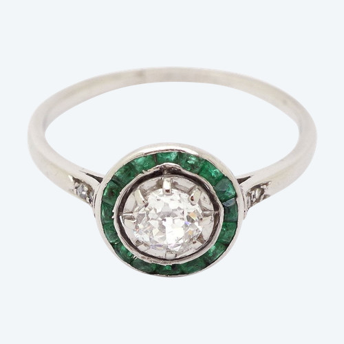 Art Deco emerald target ring in platinum and 18k white gold, target ring, circular ring