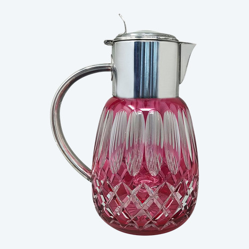 1960s Gorgeous Red Bohemian Cut Crystal Glass Pitcher. Made in Italy