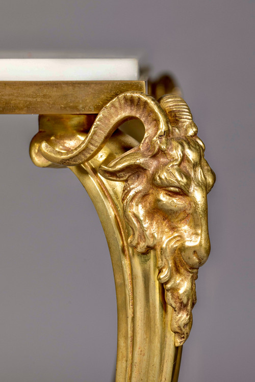 Tavolino rettangolare in bronzo con teste di ariete 