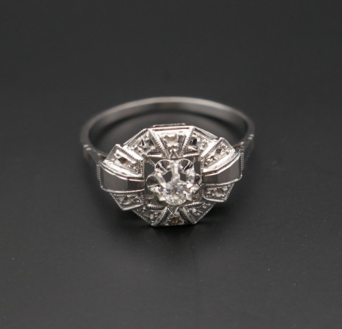 Bague Art Déco Diamant Taille Ancienne, Or 18 Carats.