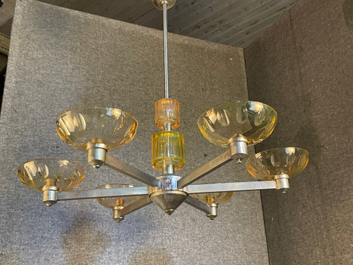 Adnet Rare Art Deco Chandelier in Uraline Cut Crystal and Chrome Six Lights