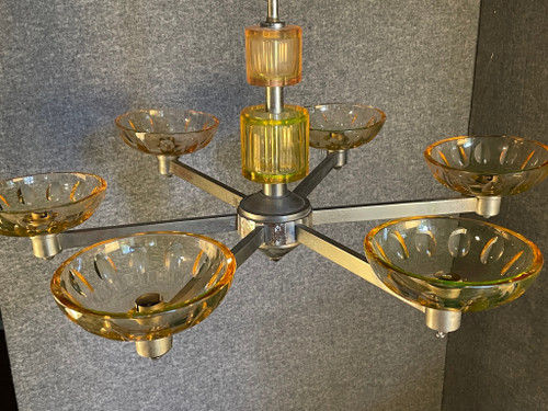 Adnet Rare Art Deco Chandelier in Uraline Cut Crystal and Chrome Six Lights