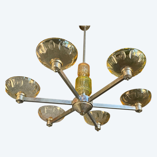 Adnet Rare Art Deco Chandelier in Uraline Cut Crystal and Chrome Six Lights