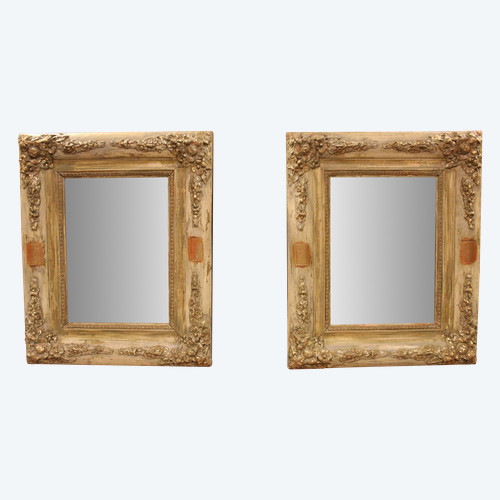 40 X 49 Cm Paire De Miroirs Rectangle Restauration, Patine Et Feuille d'Or