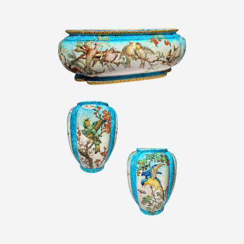 Edmond Lachenal, Ensemble Jardinière & Vases, Cerisier du Japon & Oiseaux