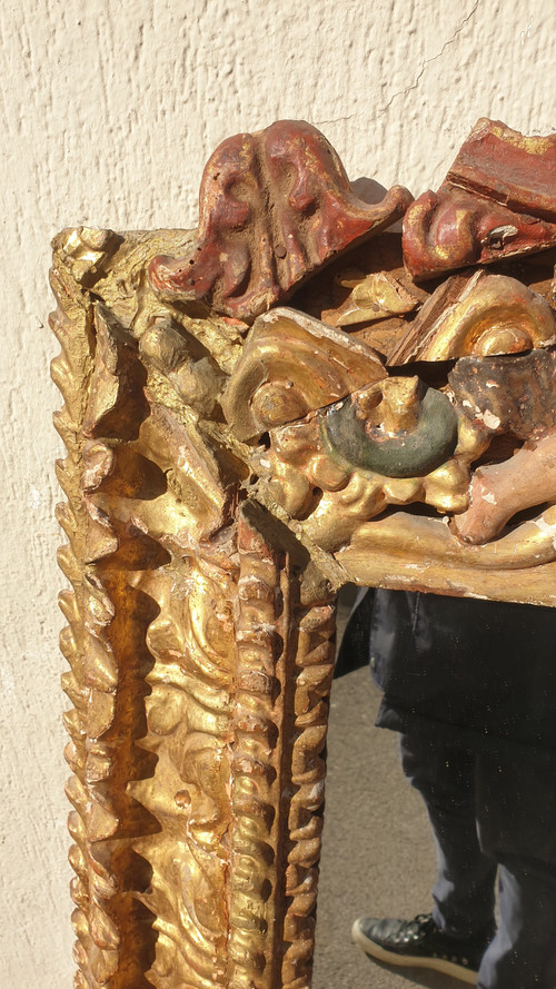 Miroir Mexicain En Bois Sculpté Doré, XVII/XVIIIème Siècle