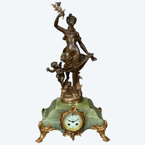 Pendeluhr aus Regulus und Onyx, "Le Passage du Ruisseau", signiert Guillemin - Ende XIX.