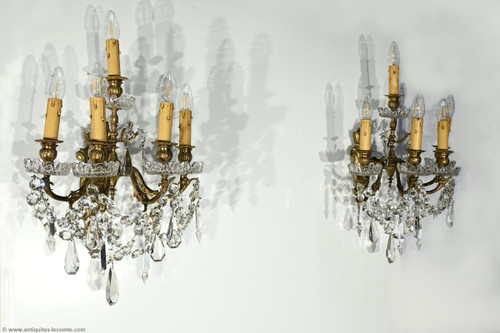 Appliques à Pampilles en Bronze et Cristal, style Louis XV – Fin XIXe