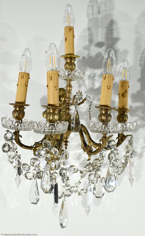 Appliques à Pampilles en Bronze et Cristal, style Louis XV – Fin XIXe