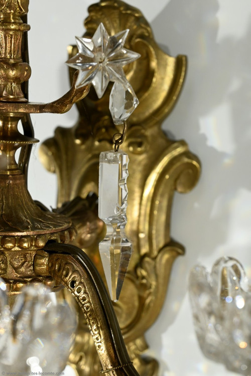 Appliques à Pampilles en Bronze et Cristal, style Louis XV – Fin XIXe