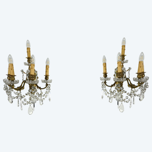 Appliques à Pampilles en Bronze et Cristal, style Louis XV – Fin XIXe