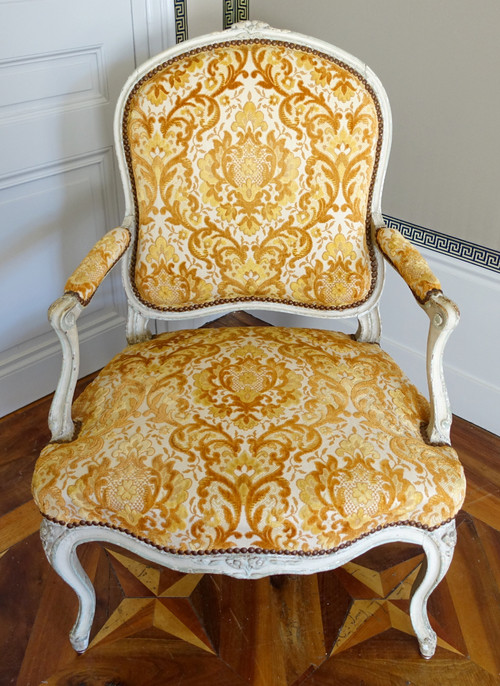 Poltrona da regina d'epoca Luigi XV, velluto goffrato