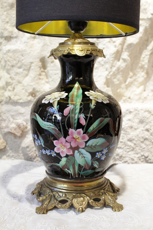 Table lamp, vase with black background and polychrome flowers late 19th century