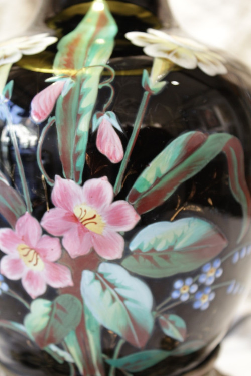 Table lamp, vase with black background and polychrome flowers late 19th century
