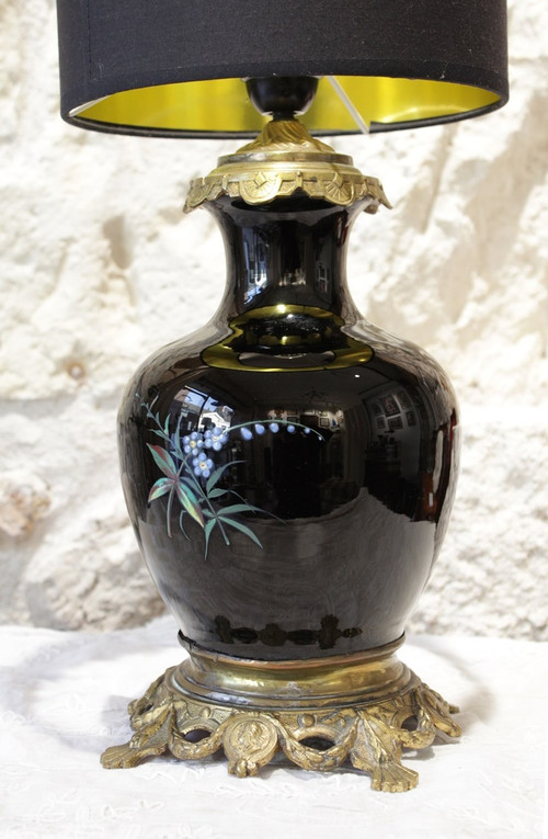 Table lamp, vase with black background and polychrome flowers late 19th century