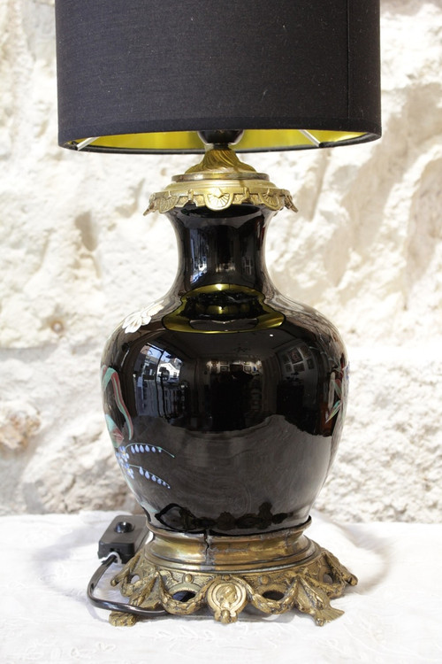 Table lamp, vase with black background and polychrome flowers late 19th century