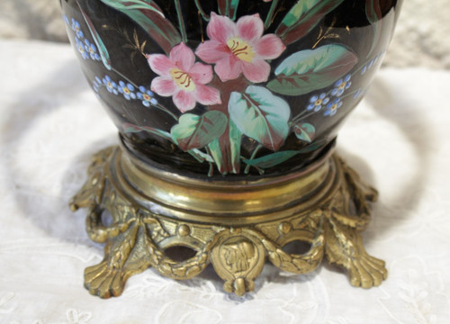 Table lamp, vase with black background and polychrome flowers late 19th century