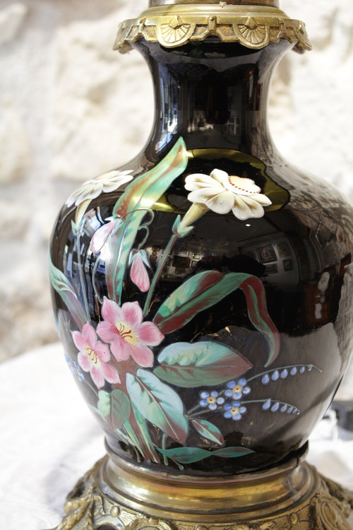 Table lamp, vase with black background and polychrome flowers late 19th century