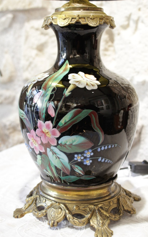 Table lamp, vase with black background and polychrome flowers late 19th century