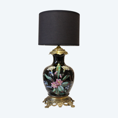Table lamp, vase with black background and polychrome flowers late 19th century