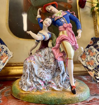 PARIS, MANUFACTURE de JEAN-BAPTISTE GILLE dit GILLE JEUNE (1837-1868). Beau Groupe de danseurs en biscuit polychrome XIXème siècle.
