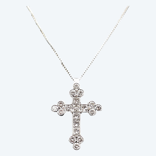 Croix Diamants Taille Princesse Et Taille Brillant Et Sa Chaîne.