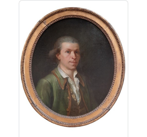 Pair Of Portraits on Oval Canvas French School Circa 1780 Portrait of a Lady and Man in Bu