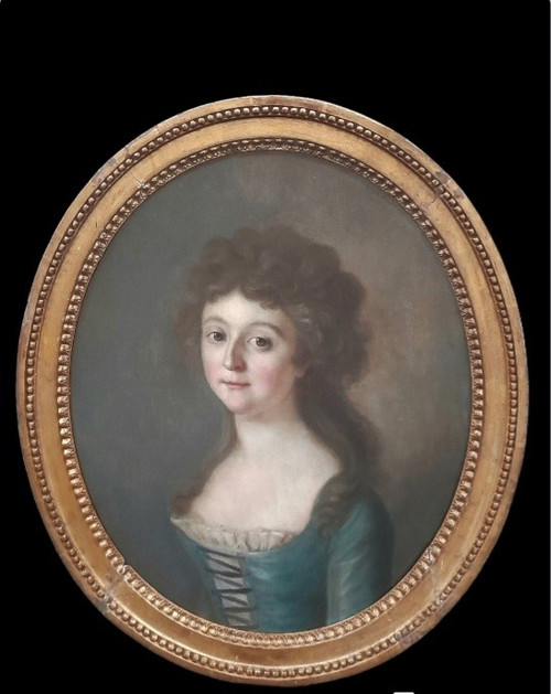 Pair Of Portraits on Oval Canvas French School Circa 1780 Portrait of a Lady and Man in Bu