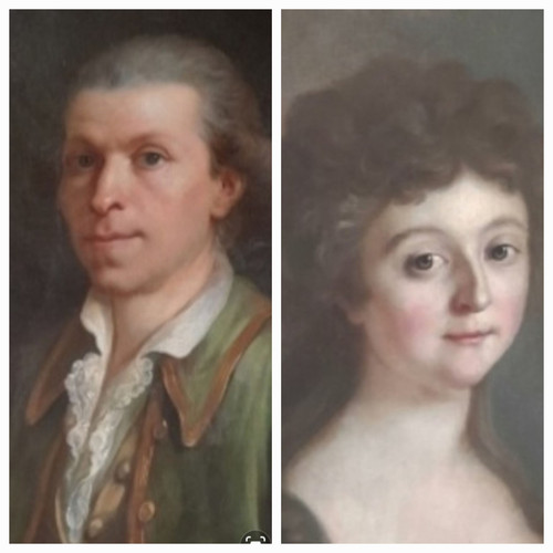 Pair Of Portraits on Oval Canvas French School Circa 1780 Portrait of a Lady and Man in Bu