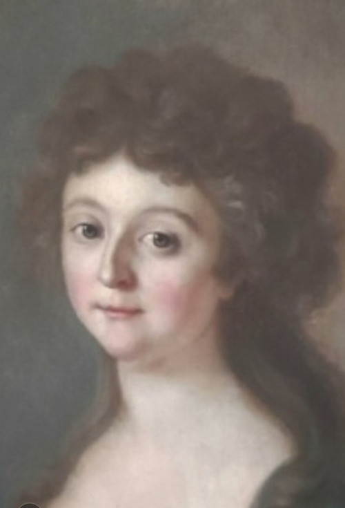 Pair Of Portraits on Oval Canvas French School Circa 1780 Portrait of a Lady and Man in Bu