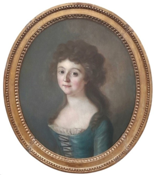 Pair Of Portraits on Oval Canvas French School Circa 1780 Portrait of a Lady and Man in Bu