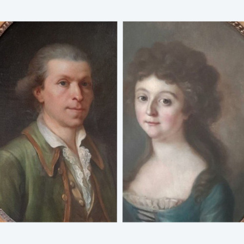 Pair Of Portraits on Oval Canvas French School Circa 1780 Portrait of a Lady and Man in Bu
