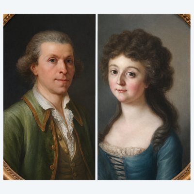 Coppia di ritratti su tela ovale di scuola francese 1780 circa Ritratto di donna e uomo in un'abitazione di campagna.