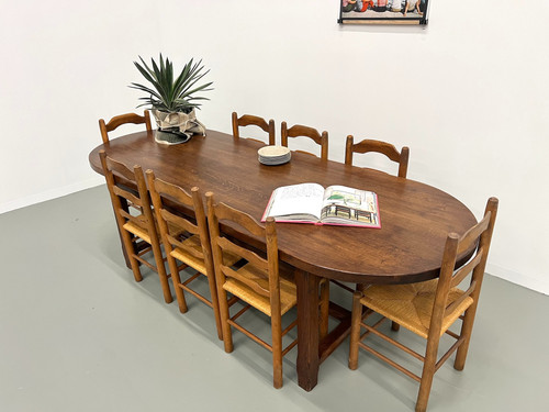 Set of 8 solid elm chairs with straw-covered seats