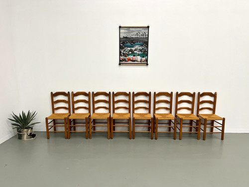 Set of 8 solid elm chairs with straw-covered seats