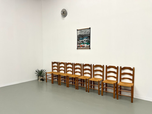 Set of 8 solid elm chairs with straw-covered seats