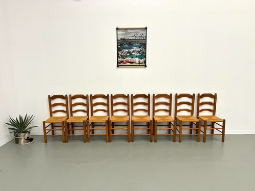 Set of 8 solid elm chairs with straw-covered seats