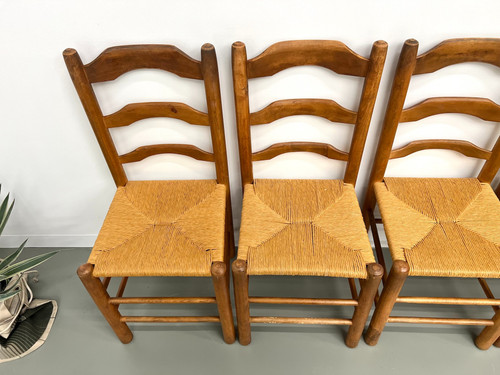 Set of 8 solid elm chairs with straw-covered seats