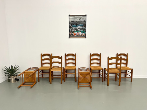 Set of 8 solid elm chairs with straw-covered seats