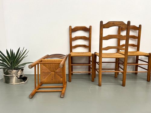 Set of 8 solid elm chairs with straw-covered seats
