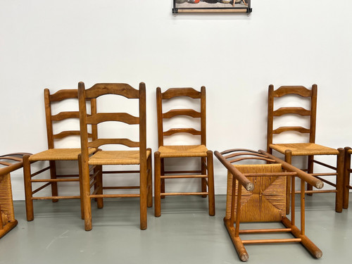Set of 8 solid elm chairs with straw-covered seats