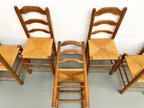 Set of 8 solid elm chairs with straw-covered seats
