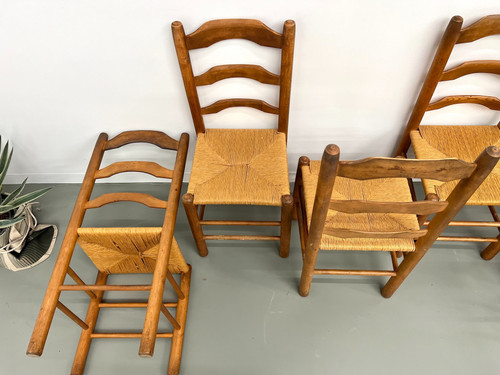 Set of 8 solid elm chairs with straw-covered seats
