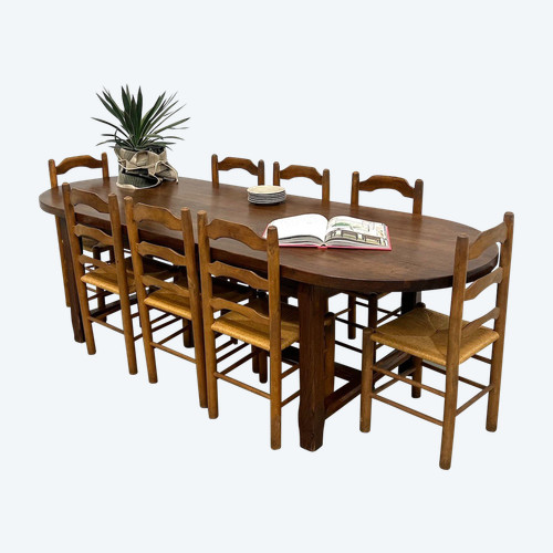Set of 8 solid elm chairs with straw-covered seats