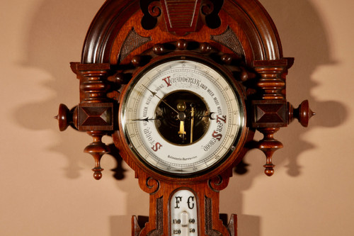 Very elegant William III style Dutch mahogany barometer thermometer circa 1900.