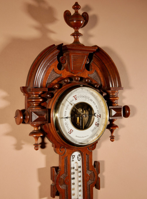 Very elegant William III style Dutch mahogany barometer thermometer circa 1900.